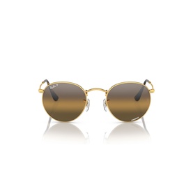 Ray-Ban round sunglasses with gold metal frame and brown gradient lenses, front-facing product view