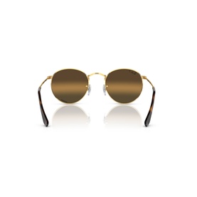 Ray-Ban round sunglasses, gold metal frame with tortoiseshell temples and brown mirrored lenses, rear view