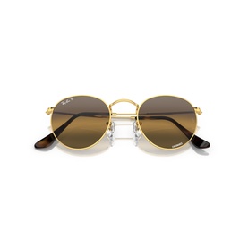 Ray-Ban round sunglasses with gold metal frame, brown gradient lenses, and tortoiseshell temple tips