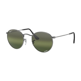 Ray-Ban Round Metal sunglasses in gunmetal with green mirrored lenses and slim metal arms