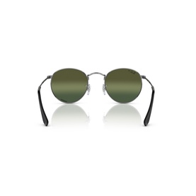 Rear view of round sunglasses with silver metal frame, black temples, and green mirrored lenses