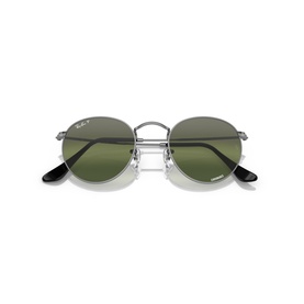 Ray-Ban round sunglasses with silver metal frame, green tinted lenses, and black temple tips, shown folded from front angle