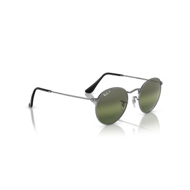 Ray-Ban round metal sunglasses with silver frames, black temple tips, and green mirrored lenses, angled product view