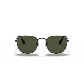 Ray-Ban sunglasses with black metal square frames and dark green lenses, front-facing view