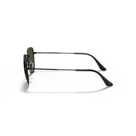Black Ray-Ban sunglasses shown from the side, featuring slim metal temples and dark green lenses