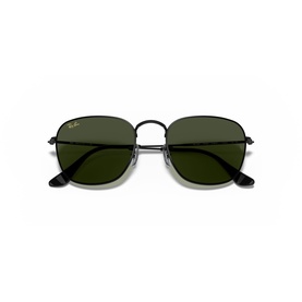 Ray-Ban hexagonal sunglasses with black metal frames and dark green lenses, slim temple arms with logo detail