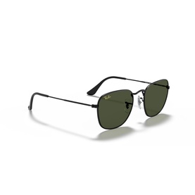 Ray-Ban sunglasses with black metal square frame and dark green lenses, angled three-quarter view