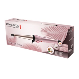 Remington Curling Wand in pink, shown in branded packaging with coconut smooth design and tapered barrel visible through box window.