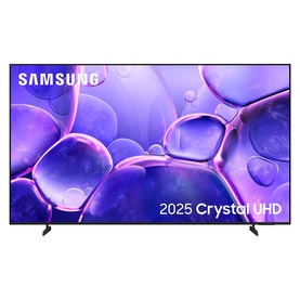 Samsung 75 Inch U8000F Crystal 4K Smart TV in black, front view displaying vibrant purple abstract screen with 2025 Crystal UHD branding