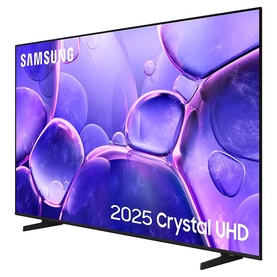 Samsung 75 Inch U8000F Crystal 4K Smart TV in black, slim bezel design with purple abstract display on screen, angled stand view