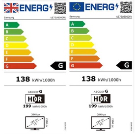 Samsung 75 Inch U8000F Crystal 4K Smart TV EU energy label showing G rating, 138 kWh/1000h, HDR 199 kWh/1000h, 3840px resolution.