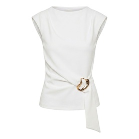 White sleeveless top with draped wrap detail and gold-tone ring buckle accent at the hip, soft fabric with structured shoulder