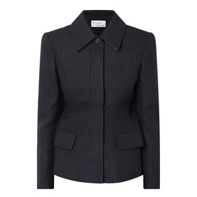 Black wool-blend blazer with pointed collar, concealed button placket, flap pockets and structured shoulders