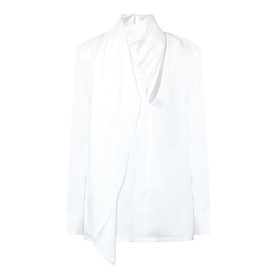 White long-sleeve blouse with draped scarf neckline detail and relaxed fit