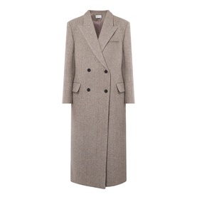 Source Unknown Reyna Double-Breasted Coat in beige wool, peak lapel collar, structured shoulders, flap pockets, longline silhouette