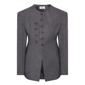 Banton Double-Breasted Jacket in charcoal, collarless with structured shoulders, hourglass silhouette, multiple buttons, and front placket fastening