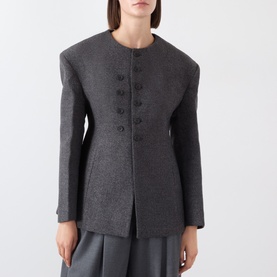 Model wearing Source Unknown Banton Double-Breasted Jacket in charcoal, collarless with structured shoulders and hourglass silhouette, styled with