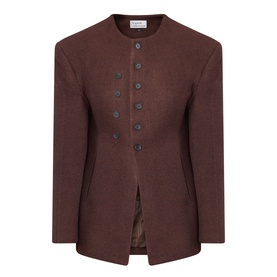 Source Unknown Banton Double-Breasted Jacket in brown, collarless with structured shoulders, button front placket and hourglass silhouette