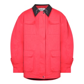 Source Unknown Baia Fleece Field Jacket in red with contrast dark point collar, four front flap pockets, and snap button cuffs