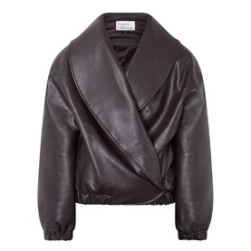 Source Unknown Eleni Faux Leather Jacket in brown, wrap-style front with shawl collar, dropped shoulders, and elasticated cuffs