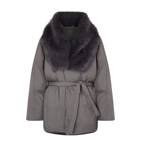 Source Unknown Egizio Faux Fur Trim Wrap Jacket in charcoal with detachable faux fur shawl collar, belt fastening and padded body