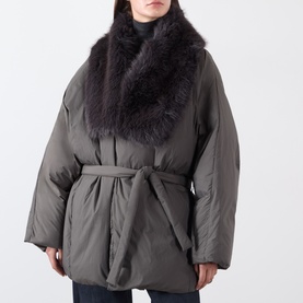 Model wearing Source Unknown Egizio Faux Fur Trim Wrap Jacket in charcoal with faux fur shawl collar and matching belt, styled with dark jeans.