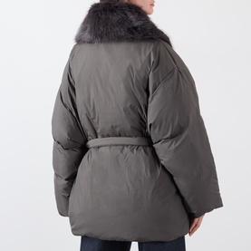 Model wearing Source Unknown Egizio Faux Fur Trim Wrap Jacket in charcoal, rear view showing faux fur collar, belt and padded silhouette