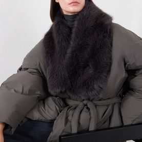Model wearing Source Unknown Egizio Faux Fur Trim Wrap Jacket in charcoal with detachable faux fur shawl collar and belt fastening
