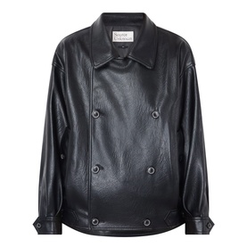 Source Unknown Viellino Faux Leather Jacket in black, double-breasted with shirt collar, dropped shoulders, and buttoned cuffs