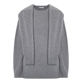 Source Unknown Tio Shawl Sweater in charcoal, round neckline, dropped shoulders, layered shawl detail, ribbed trims, long sleeves