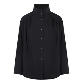 Black high-neck button-front shirt with gathered detail at shoulders and wide long sleeves