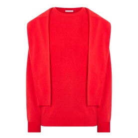 Source Unknown Tio Shawl Sweater in red, round neckline, dropped shoulders, layered shawl design, ribbed trims, long sleeves