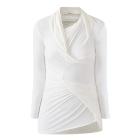 Source Unknown Folgore Draped Top in ivory with asymmetric draped neckline, ruched detailing, long sleeves and curved hem
