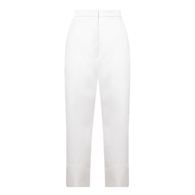 Source Unknown Ocelia Satin Trousers in white, mid-rise straight-leg cropped cut with covered waistband, clean hems and satin finish