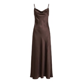 Brown satin cowl-neck maxi slip dress with thin straps and a flared skirt, shown flat on a white background