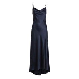 Navy satin maxi slip dress with cowl neckline, thin shoulder straps, and flared hem