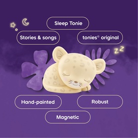 Tonies Sleep Tonie cream cat figure with feature callouts: Stories & songs, Hand-painted, Robust, Magnetic, tonies original