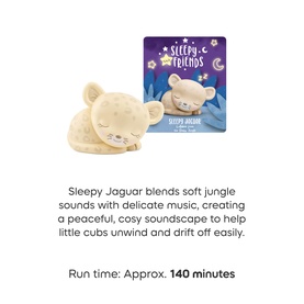 Tonies Sleepy Friends Sleepy Jaguar audio figure, cream sleeping jaguar soft toy shape with illustrated story card.