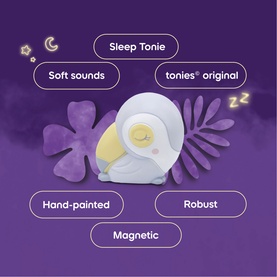 Tonies Sleep Tonie white owl character toy with feature callouts: soft sounds, hand-painted, magnetic, robust, tonies original.
