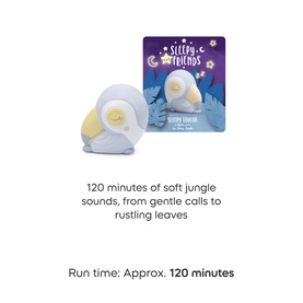 Tonies Sleepy Friends owl-shaped audio figure in white and yellow, shown with illustrated packaging card and feature text overlay