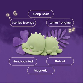 Tonies Sleep Tonie green dinosaur figure lying down, shown with feature callouts: stories & songs, hand-painted, robust, magnetic