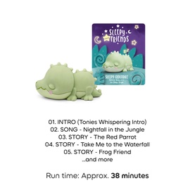 Tonies Sleepy Friends Frog tonie figure in pale green, shown beside its packaging with tracklist details visible