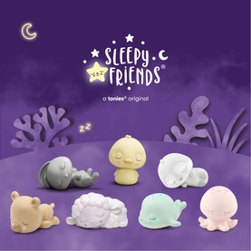 Tonies Sleepy Friends collection of nine pastel-coloured sleeping animal figures including duck, whale, octopus and bear, on purple background