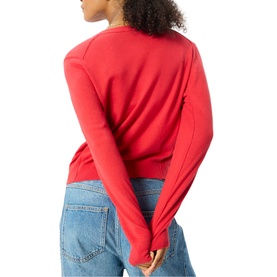 Model wearing Whistles red long-sleeve top, back view, paired with light blue jeans