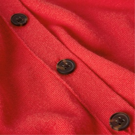 Whistles red womenswear item close-up showing dark brown buttons on a button-front placket, soft fabric detail.