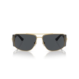 Gold-tone rectangular sunglasses with dark grey lenses, double bridge, and black temple tips, front-facing view