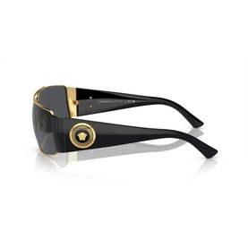 Versace shield sunglasses in gold-tone metal frame with dark grey lenses, black temples and gold Medusa coin detail