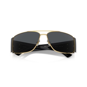 Gold-tone aviator sunglasses with dark grey lenses, double bridge, and black temple tips, viewed from rear angle