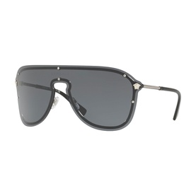 Versace shield sunglasses in gunmetal with dark grey visor lens, gold Medusa stud detail, and slim temple arms