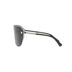 Versace shield sunglasses, silver-tone metal frame with black arms, dark mirrored lenses, side profile view